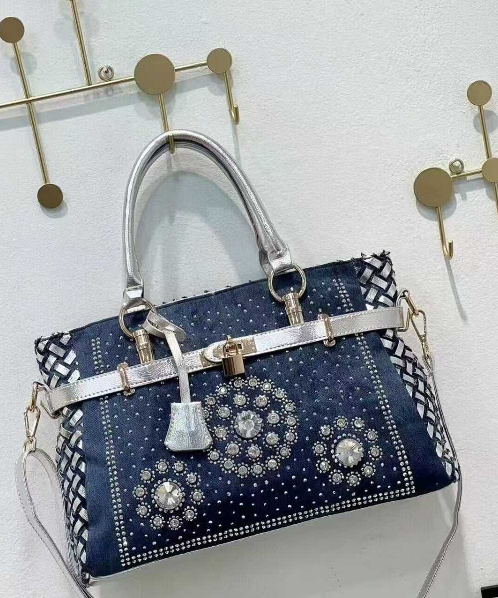 Sac fourre-tout chic en denim bleu marine avec strass, grande capacité - Urbann-Vibe
