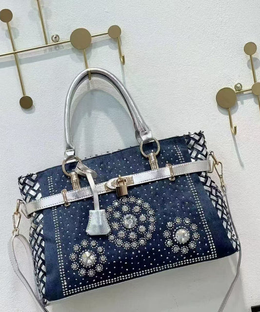 Sac fourre-tout chic en denim bleu marine avec strass, grande capacité - Urbann-Vibe