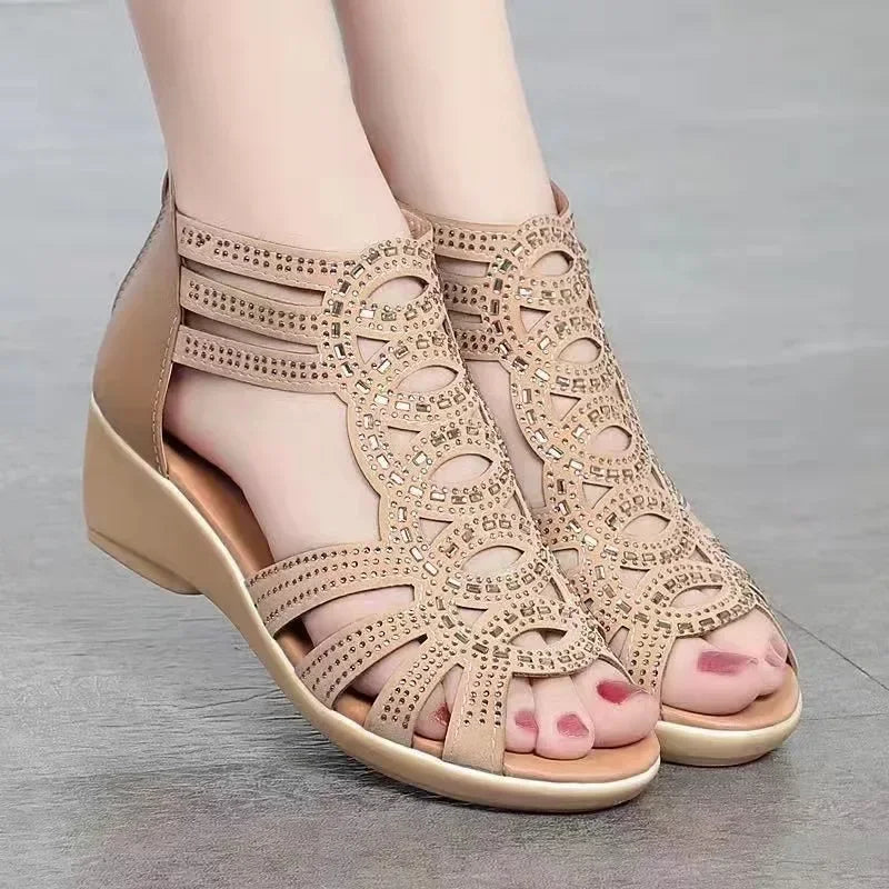 Women's open toe wedge sandals with chic cut-out design, back zipper closure, casual to semi-formal style