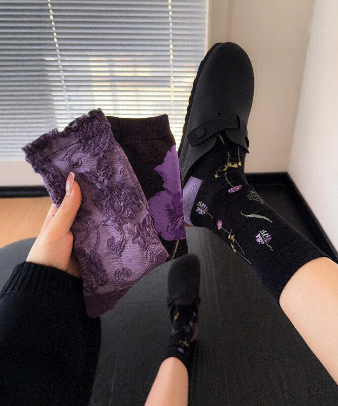 Chaussettes mi-mollet chics en coton jacquard violet - Urbann-Vibe