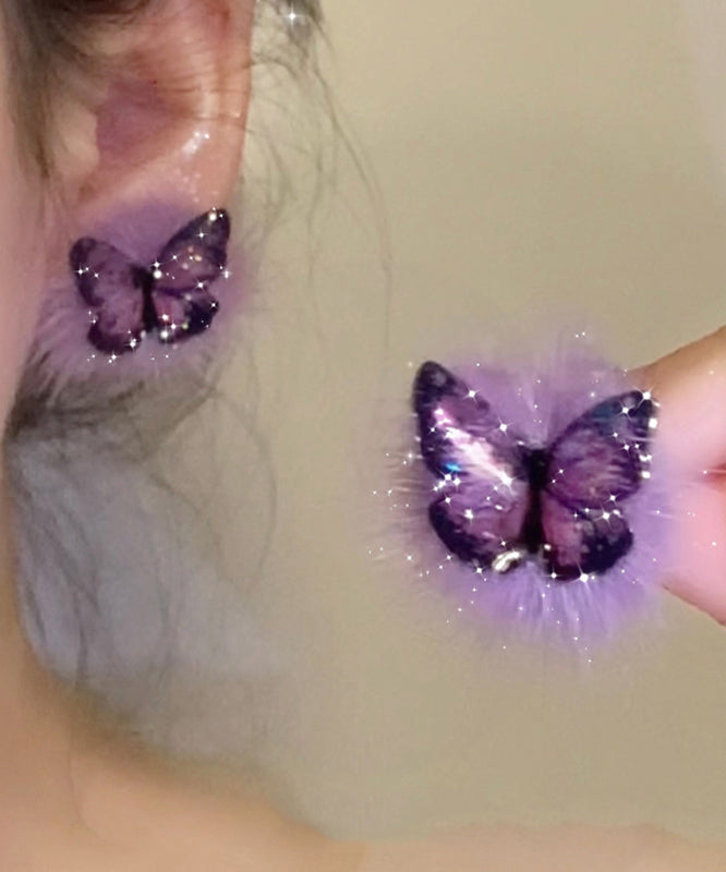 Boucles d'oreilles à tige en argent sterling violet chic et dorées, en fourrure duveteuse et papillon - Urbann-Vibe