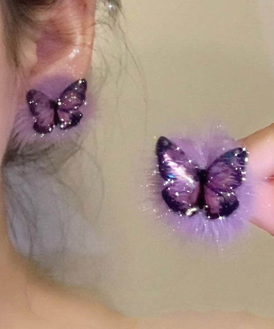 Boucles d'oreilles à tige en argent sterling violet chic et dorées, en fourrure duveteuse et papillon - Urbann-Vibe
