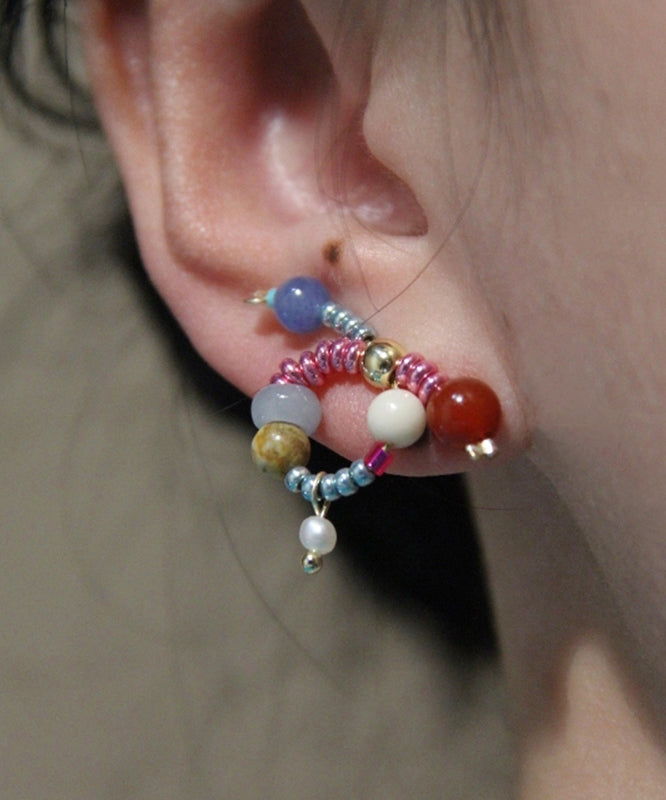 Boucles d'oreilles à tige chics en argent sterling avec nœud en jade et agate surdoré - Urbann-Vibe