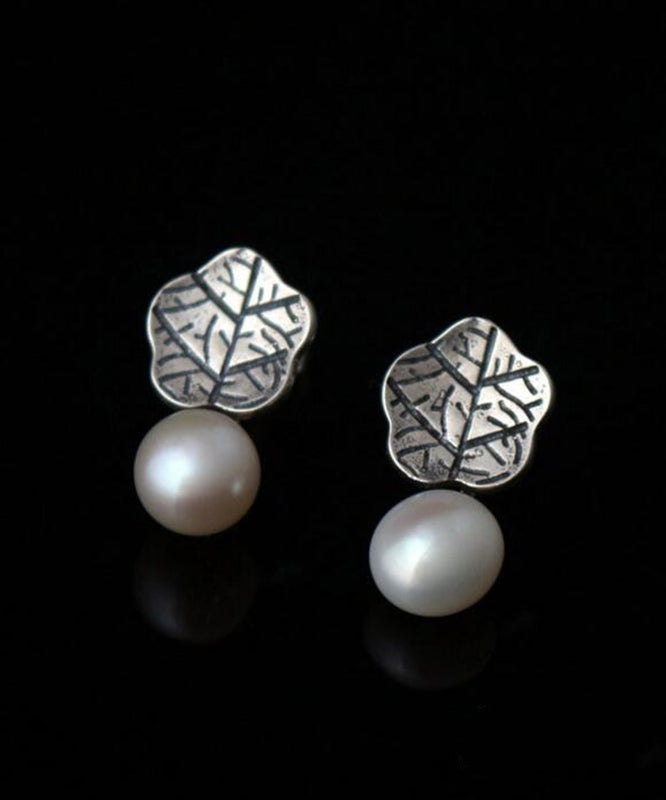 Boucles d'oreilles à tige en argent sterling et perles en forme de feuille de lotus - Urbann-Vibe