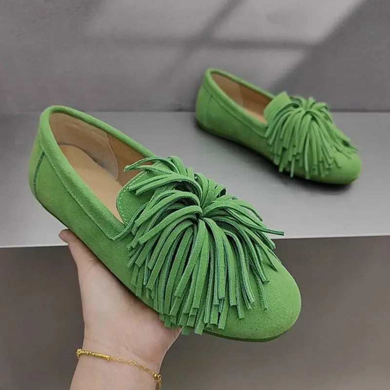 Women's tassel loafers cow suede slip-on shoes chic polished style wide size range 4-11