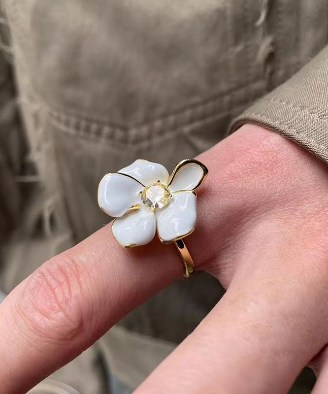 Bagues ouvertes chics en cuivre blanc avec zircons floraux surdorés - Urbann-Vibe