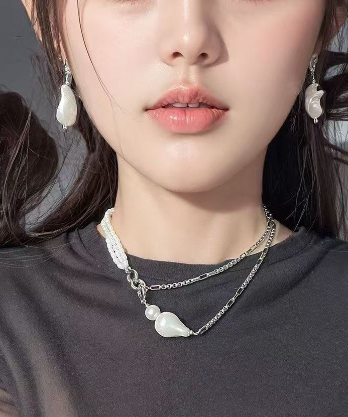Collier chic en acier inoxydable blanc avec chaîne de perles graduées - Urbann-Vibe