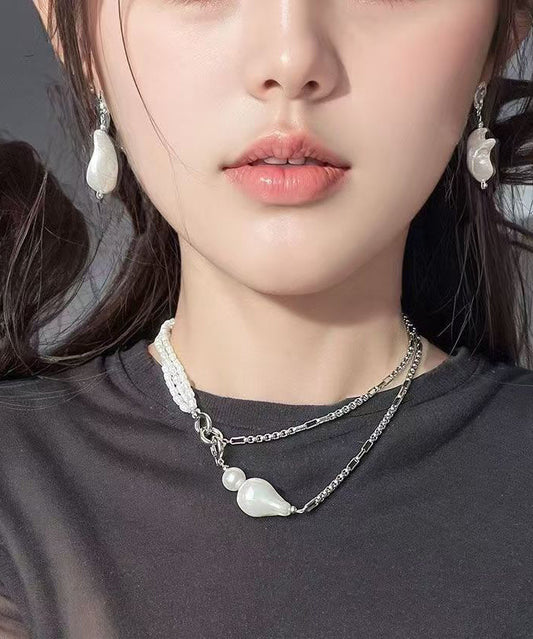 Collier chic en acier inoxydable blanc avec chaîne de perles graduées - Urbann-Vibe