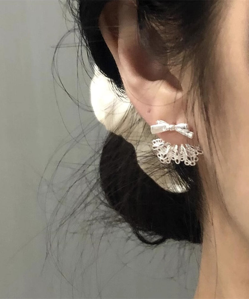 Boucles d'oreilles à tige chics en alliage d'argent sterling blanc avec nœud en dentelle patchwork - Urbann-Vibe