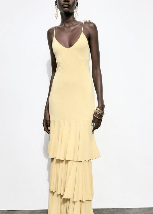Robe d'été chic à bretelles spaghetti en mousseline de soie jaune à volants et patchwork - Urbann-Vibe