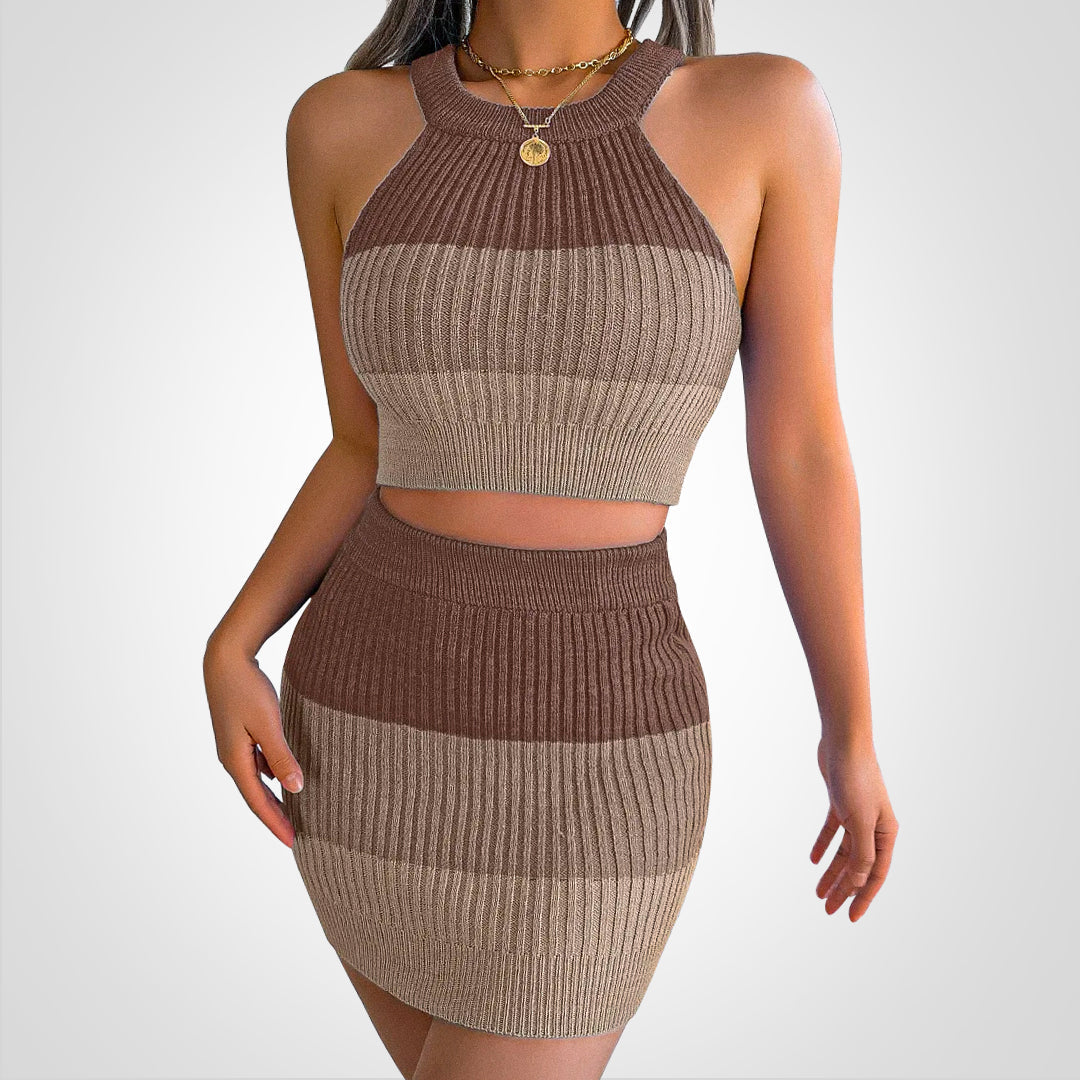 Women's ribbed knit halterneck crop top and high-waist mini skirt two-piece set form-fitting chic