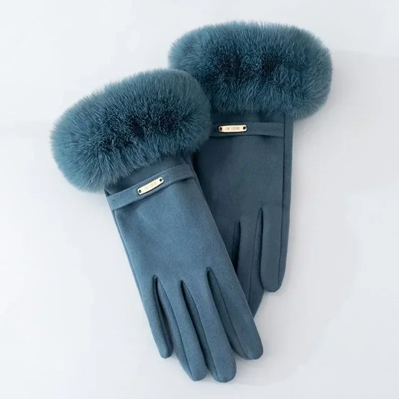 Women's fitted winter gloves with plush cuff, metal accent detail, warm refined style