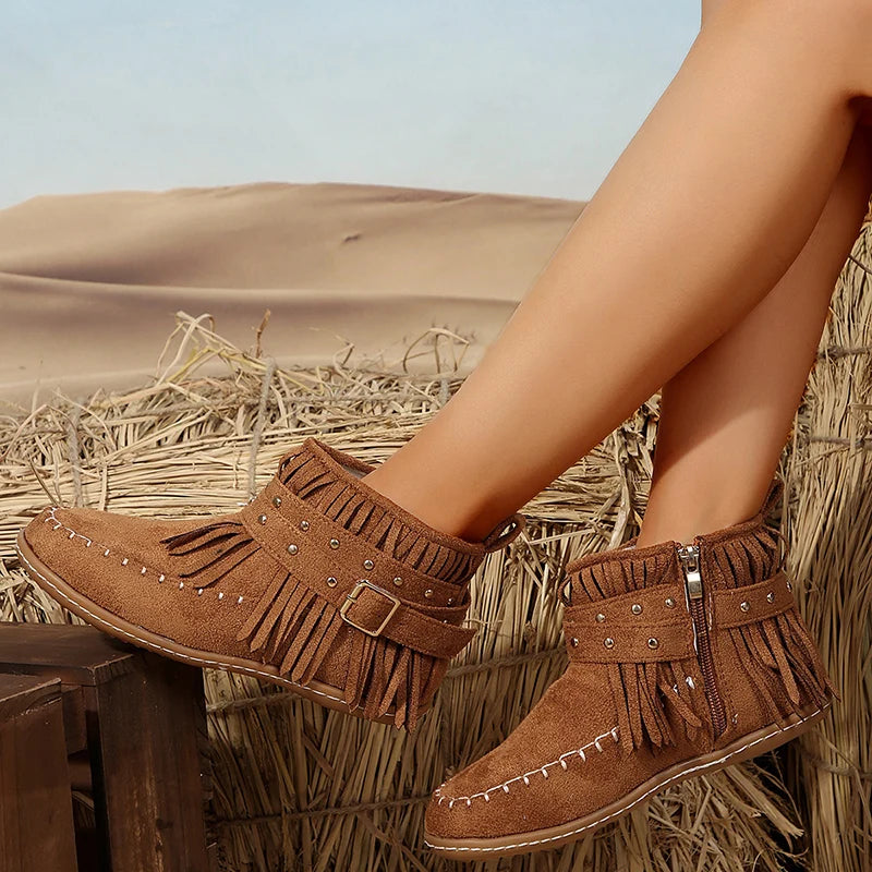 Black faux suede ankle boots women Western style chunky buckle detail retro all-day comfort