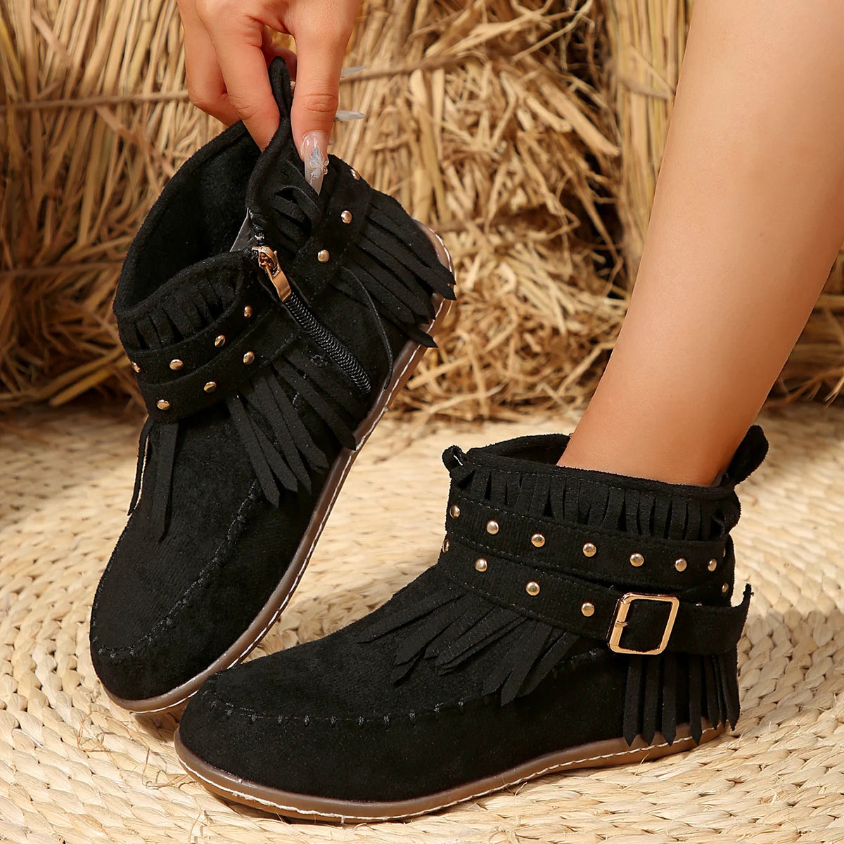 Black faux suede ankle boots women Western style buckle detail retro block heel all-day comfort