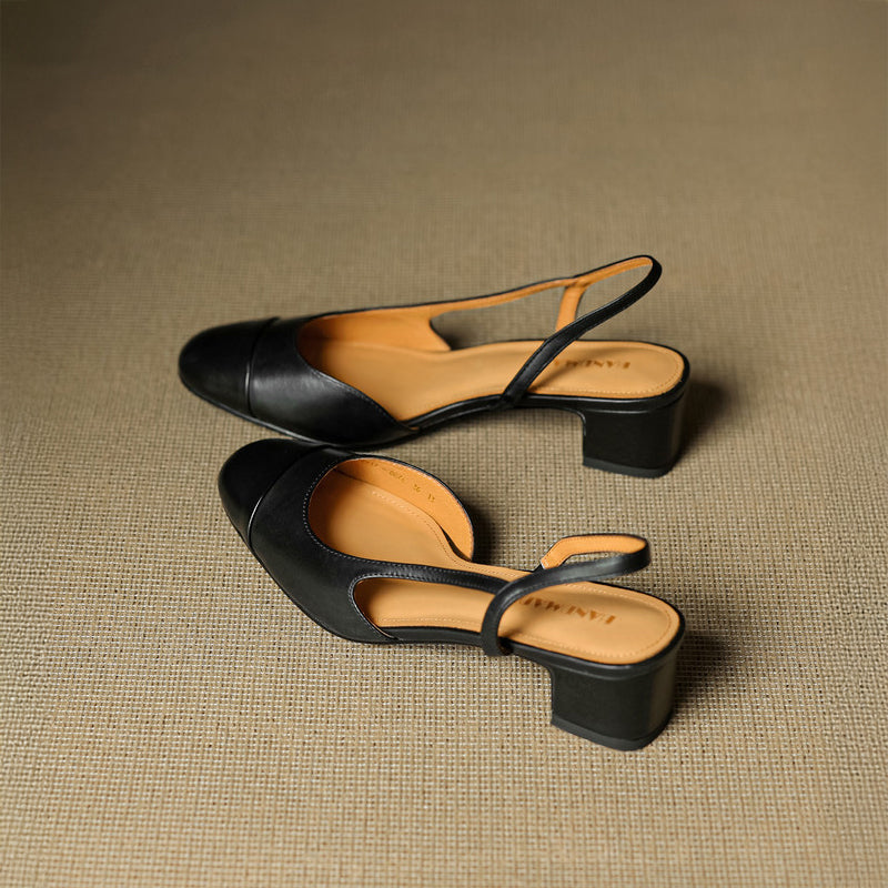 Genuine leather square toe slingback heels in classic neutral, professional chic silhouette