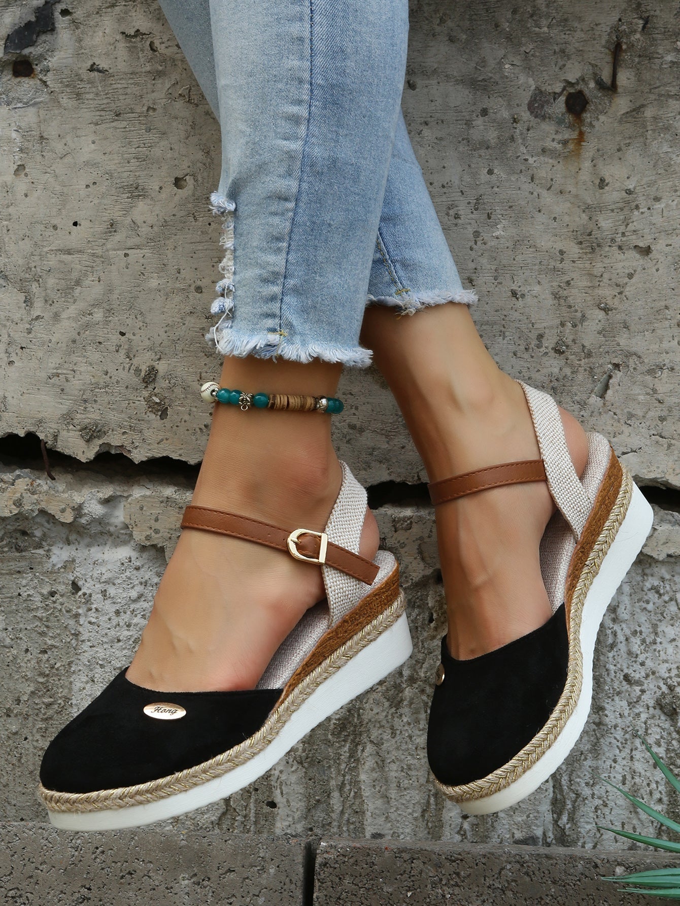 Women's suede espadrille wedge sandals with contrast ankle strap and woven jute trim