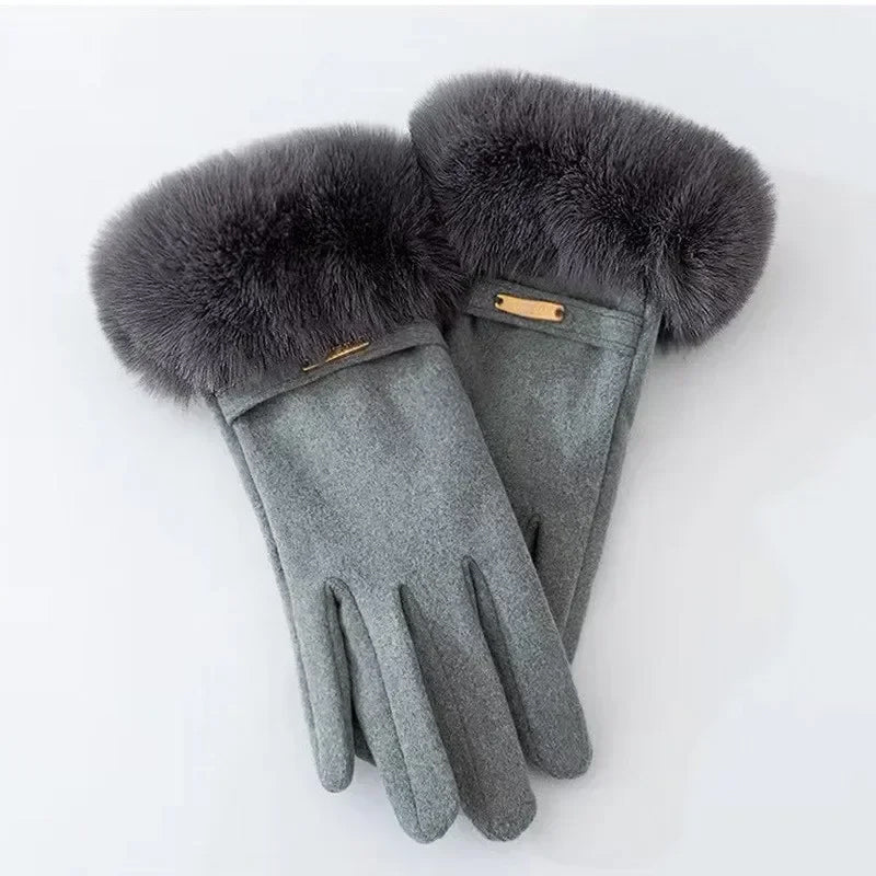 Women's fitted winter gloves with plush cuff, metal accent detail, warm refined style