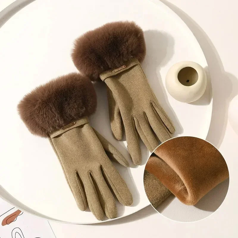 Women's buttery soft suede winter gloves with luxe faux fur wrist cuff and metal detailing