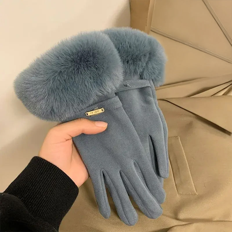 Women's black suede winter gloves with luxe faux fur wrist cuff and metal detailing