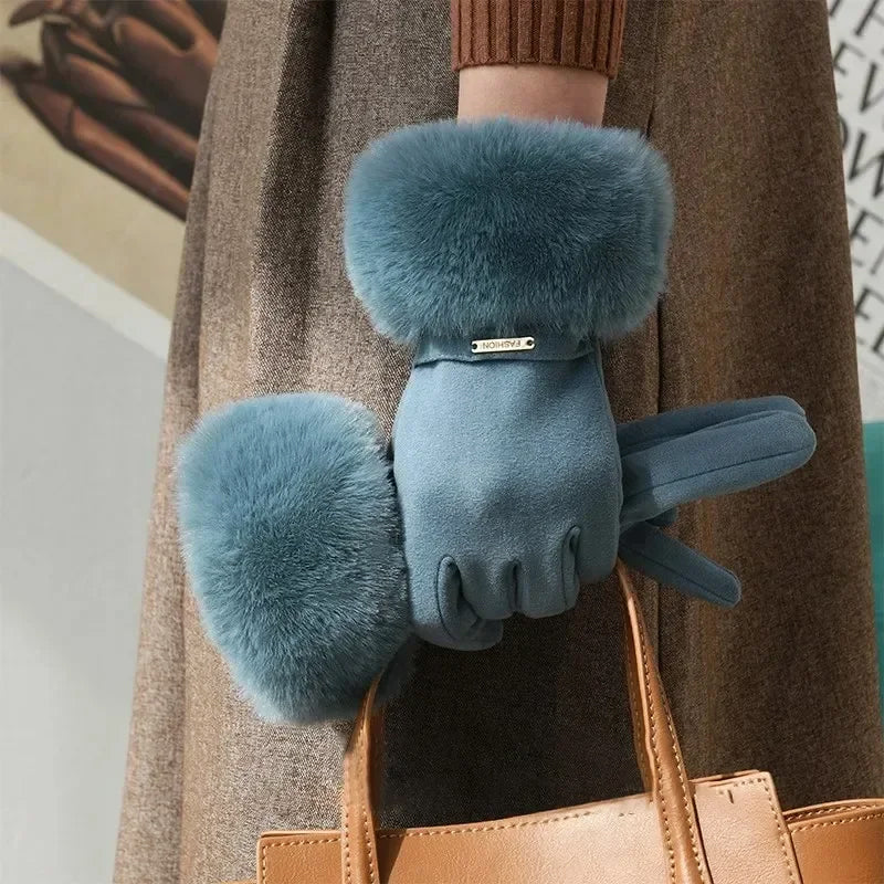 Women's buttery soft suede winter gloves with luxe faux fur wrist cuff and metal detailing