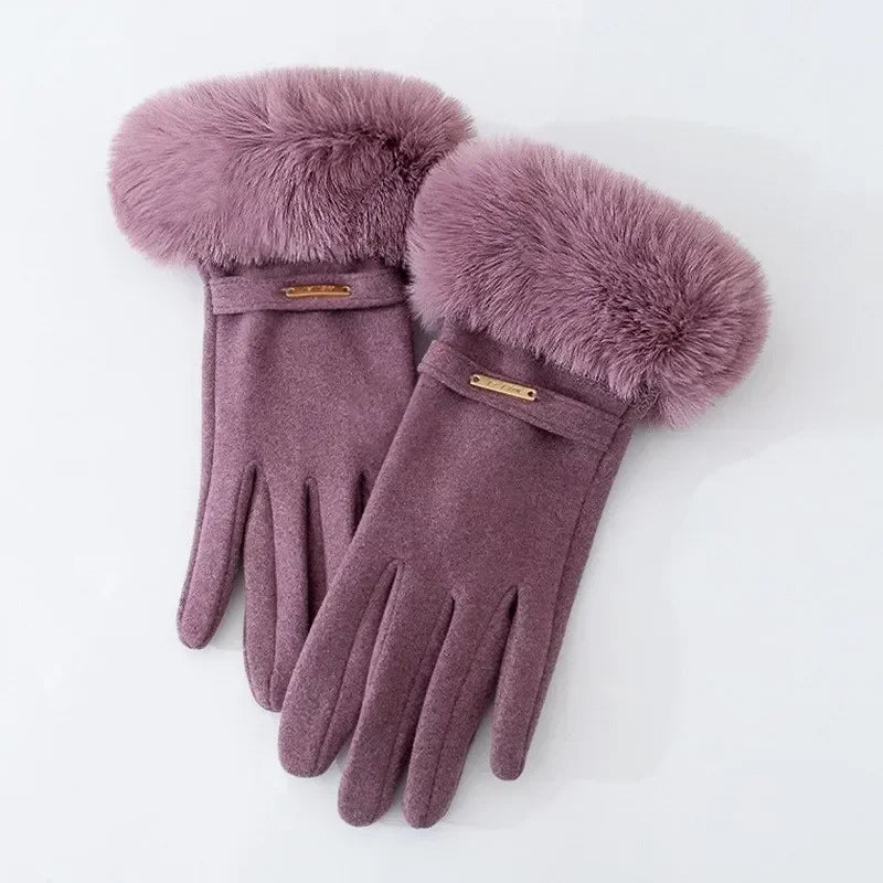 Women's fitted winter gloves with plush cuff, metal accent detail, warm refined fall essential