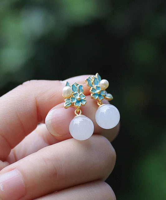 Boucles d'oreilles pendantes en forme de fleur de jade bleu antique de style chinois - Urbann-Vibe