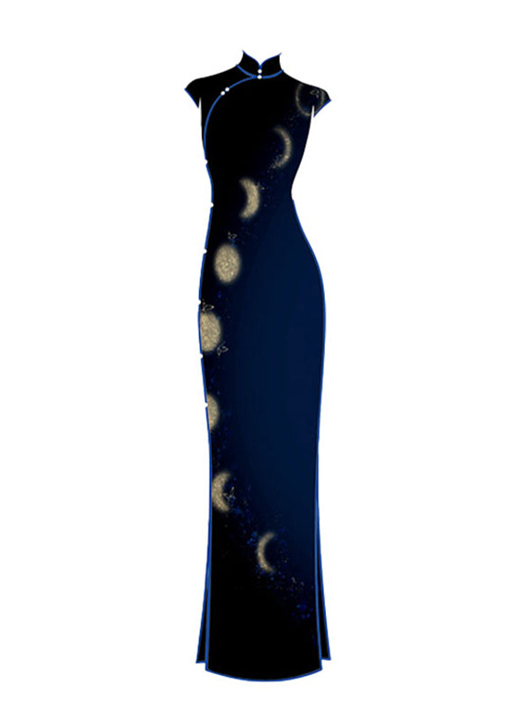 Robe longue bleue à col montant et manches courtes, style chinois - Urbann-Vibe