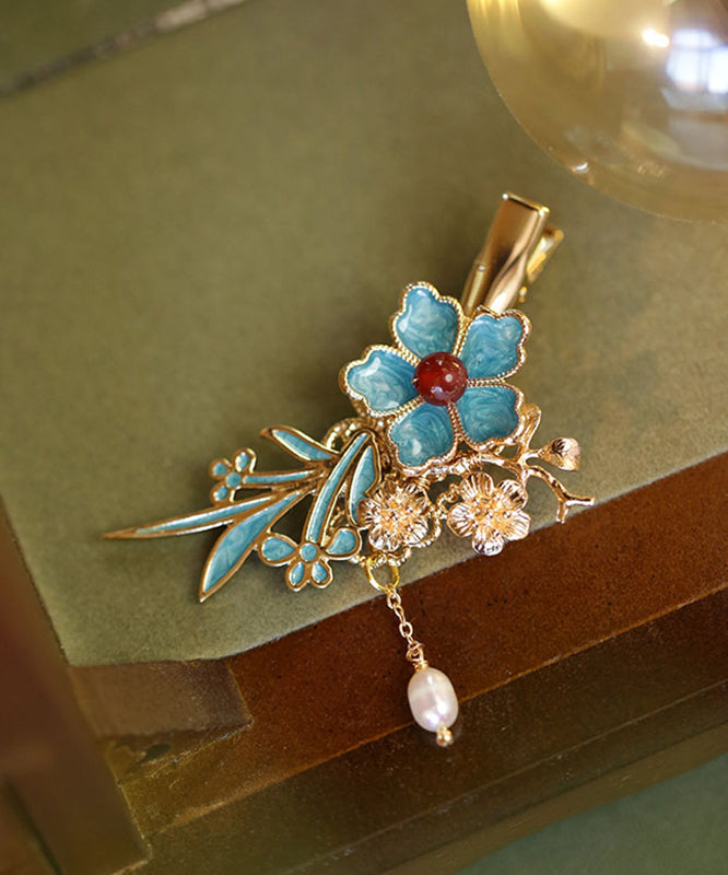 Épingle à cheveux à pompon floral en argent sterling bleu surdoré de style chinois - Urbann-Vibe