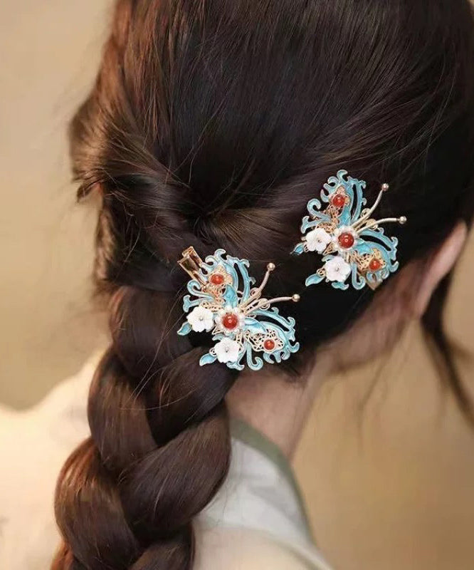 Épingle à cheveux en argent sterling colorblock de style chinois avec clochette, orchidée, papillon et perles - Urbann-Vibe