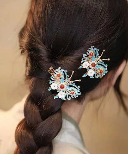 Épingle à cheveux en argent sterling colorblock de style chinois avec clochette, orchidée, papillon et perles - Urbann-Vibe