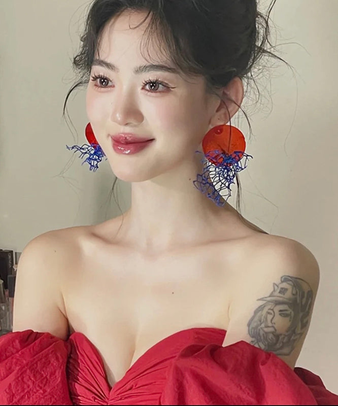 Boucles d'oreilles pendantes ajourées en tulle colorblock de style chinois - Urbann-Vibe