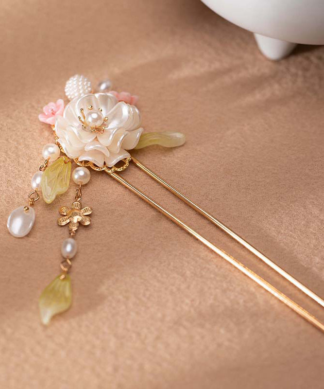 Épingle à cheveux à pompon en alliage d'or de style chinois avec glaçure colorée en perles - Urbann-Vibe