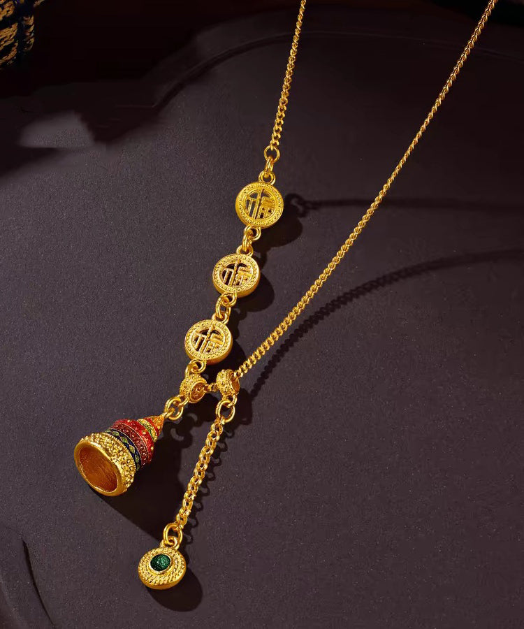 Collier lariat en or antique de style chinois avec cristal émaillé - Urbann-Vibe