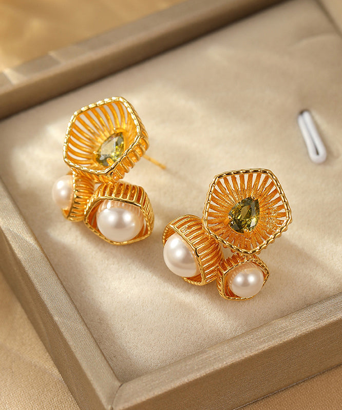 Boucles d'oreilles à tige creuses en métal doré et perles de zircon de style chinois - Urbann-Vibe