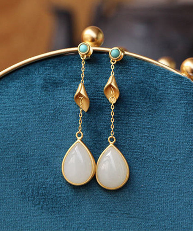 Boucles d'oreilles pendantes en argent sterling doré de style chinois avec pendentif en forme de goutte d'eau en jade turquoise - Urbann-Vibe