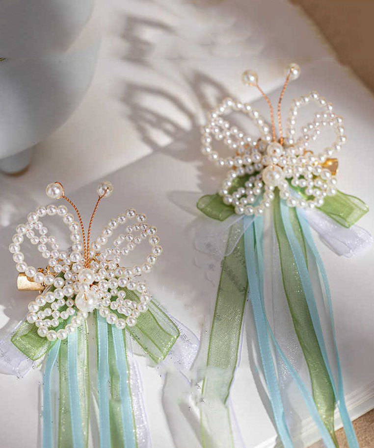 Épingle à cheveux papillon à pompon et ruban en alliage vert perle style chinois - Urbann-Vibe