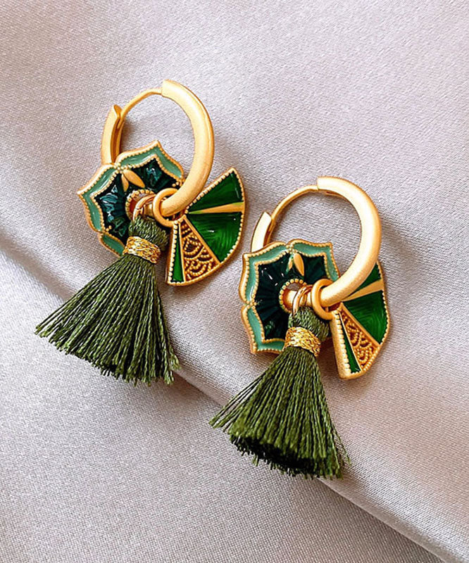 Boucles d'oreilles créoles à pampilles en alliage de cuivre vert de style chinois - Urbann-Vibe