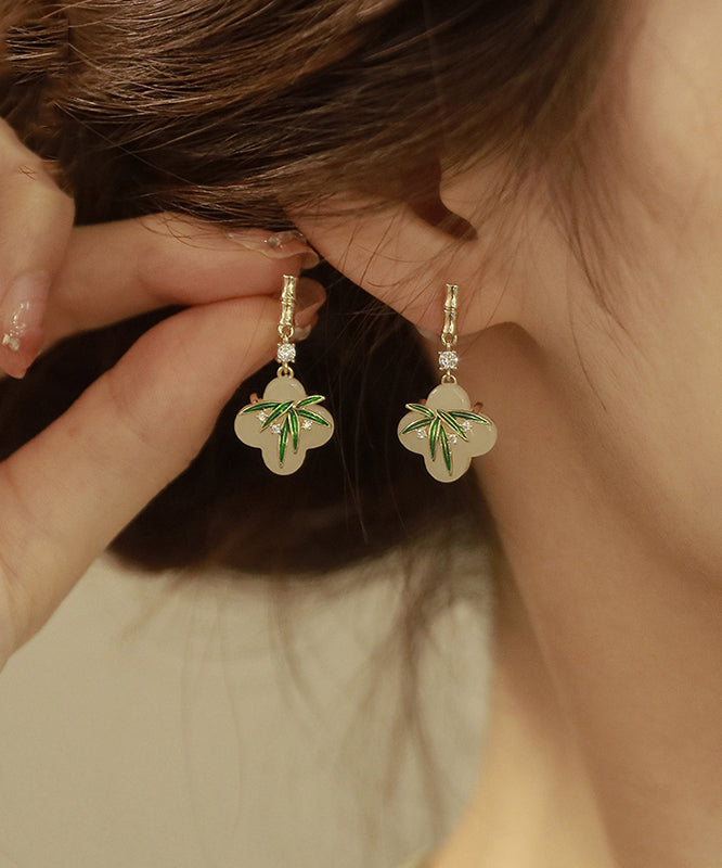 Boucles d'oreilles pendantes en forme de feuille de bambou, en alliage de cuivre vert et résine de zircon, de style chinois - Urbann-Vibe