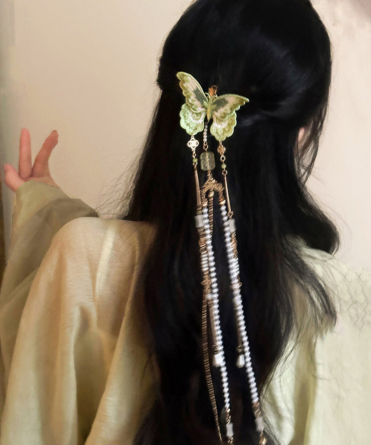 Épingle à cheveux à pompon en perles et broderie papillon en cuivre vert de style chinois - Urbann-Vibe
