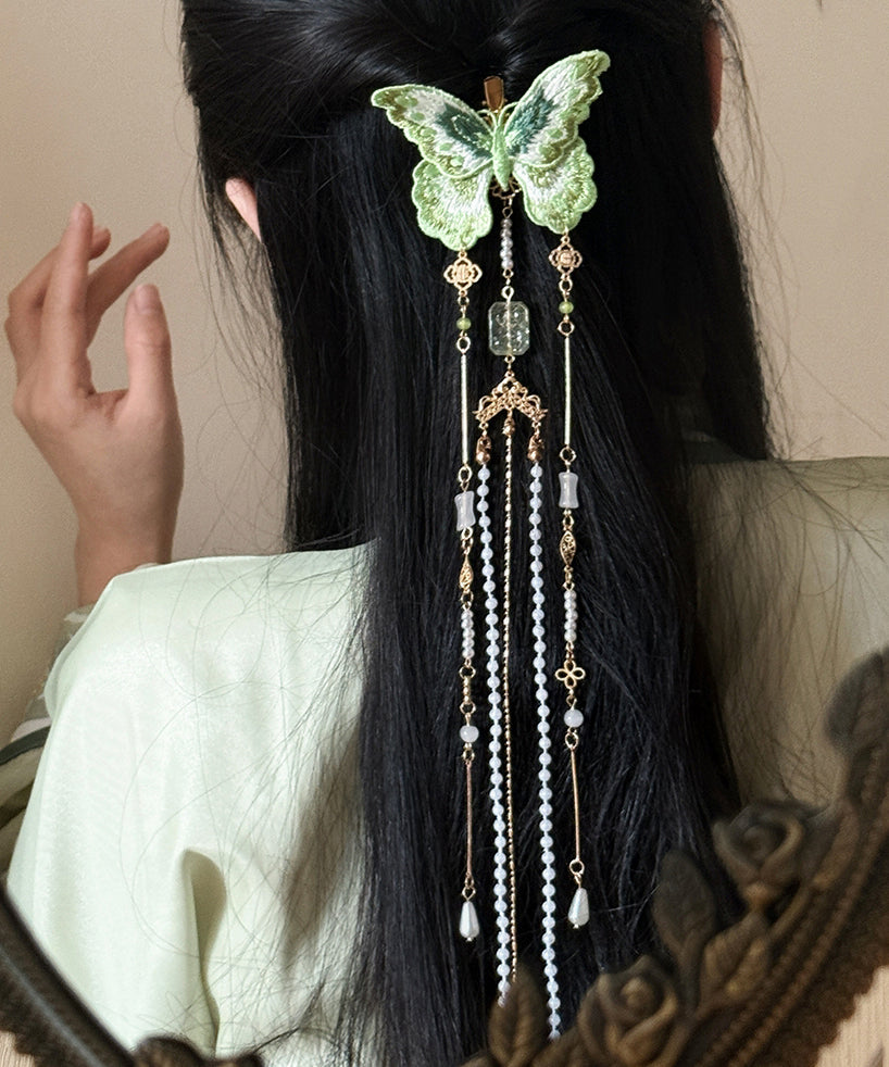 Épingle à cheveux papillon brodée de perles de cuivre vert style chinois - Urbann-Vibe