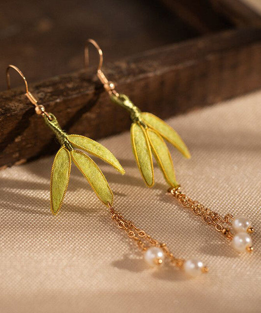 Boucles d'oreilles pendantes en velours et perles vertes surdorées en argent sterling de style chinois - Urbann-Vibe