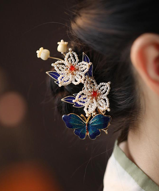 Épingle à cheveux papillon en argent sterling multicolore de style chinois avec perles surdorées - Urbann-Vibe
