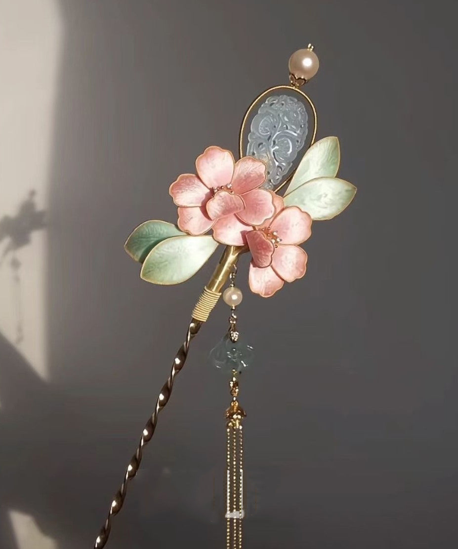 Épingle à cheveux à pompon en jade et fleur de pivoine rose antique de style chinois - Urbann-Vibe