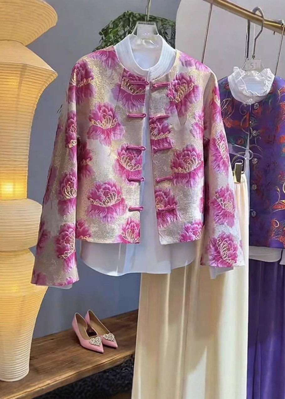 Manteaux imprimés roses à col rond style chinois - Urbann-Vibe
