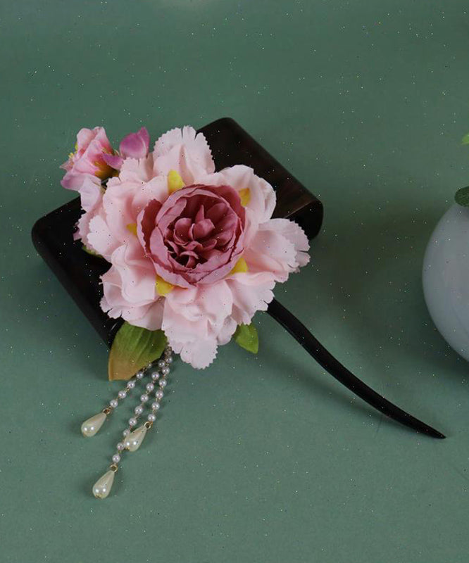 Épingle à cheveux à pompon en bois rose de style chinois avec perles et pivoine - Urbann-Vibe