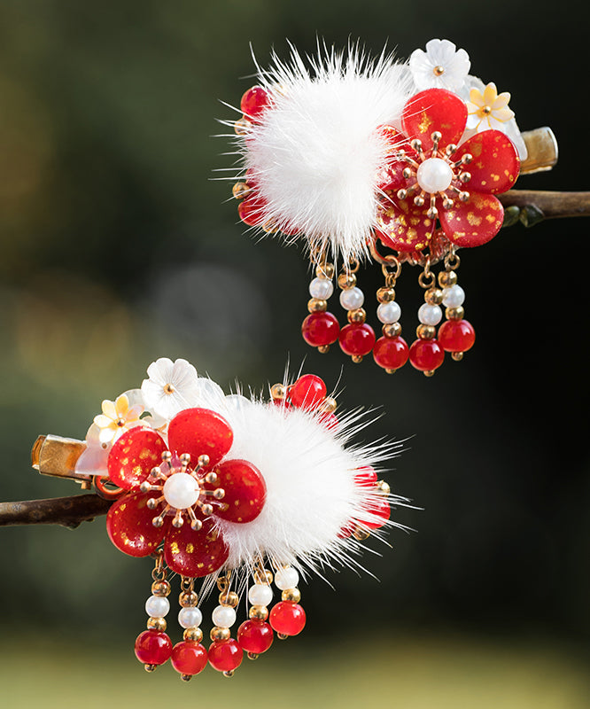 Épingle à cheveux pour enfants, style chinois, en alliage rouge, perle, fleur de prunier, vison, velours, pompon - Urbann-Vibe