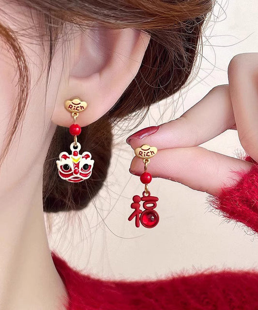 Boucles d'oreilles pendantes asymétriques en alliage d'argent sterling rouge de style chinois, motif lion - Urbann-Vibe
