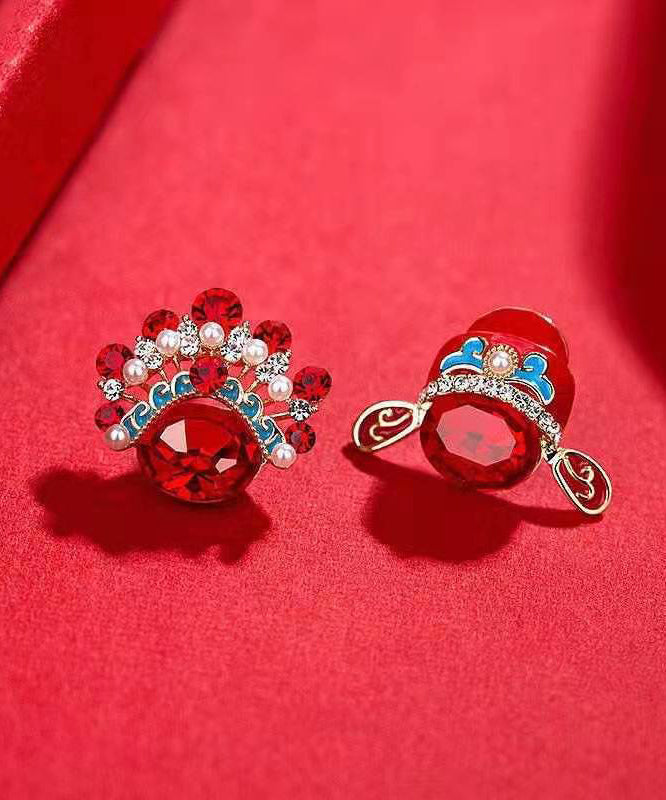 Boucles d'oreilles à tige asymétriques en argent sterling rouge et zircon surdoré de style chinois - Urbann-Vibe