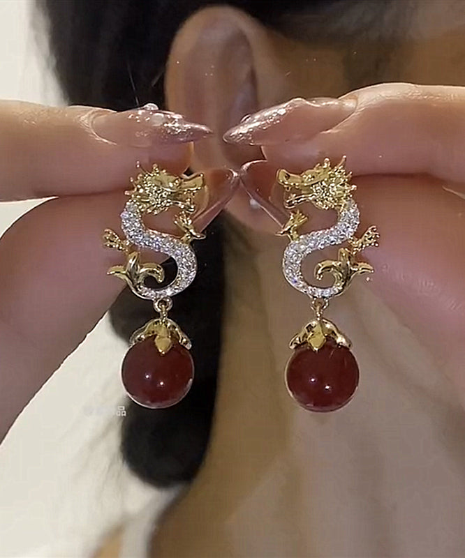 Boucles d'oreilles pendantes en forme de dragon, en argent sterling rouge et zircone surdoré, style chinois - Urbann-Vibe
