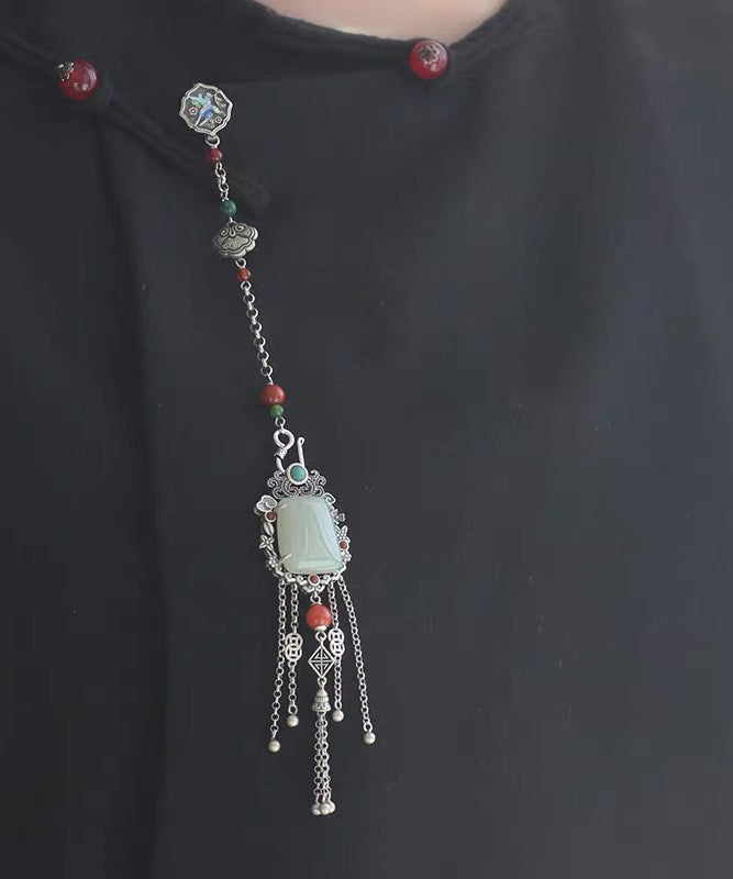 Broches à pampilles en argent sterling et soie de style chinois avec chaîne en jade - Urbann-Vibe